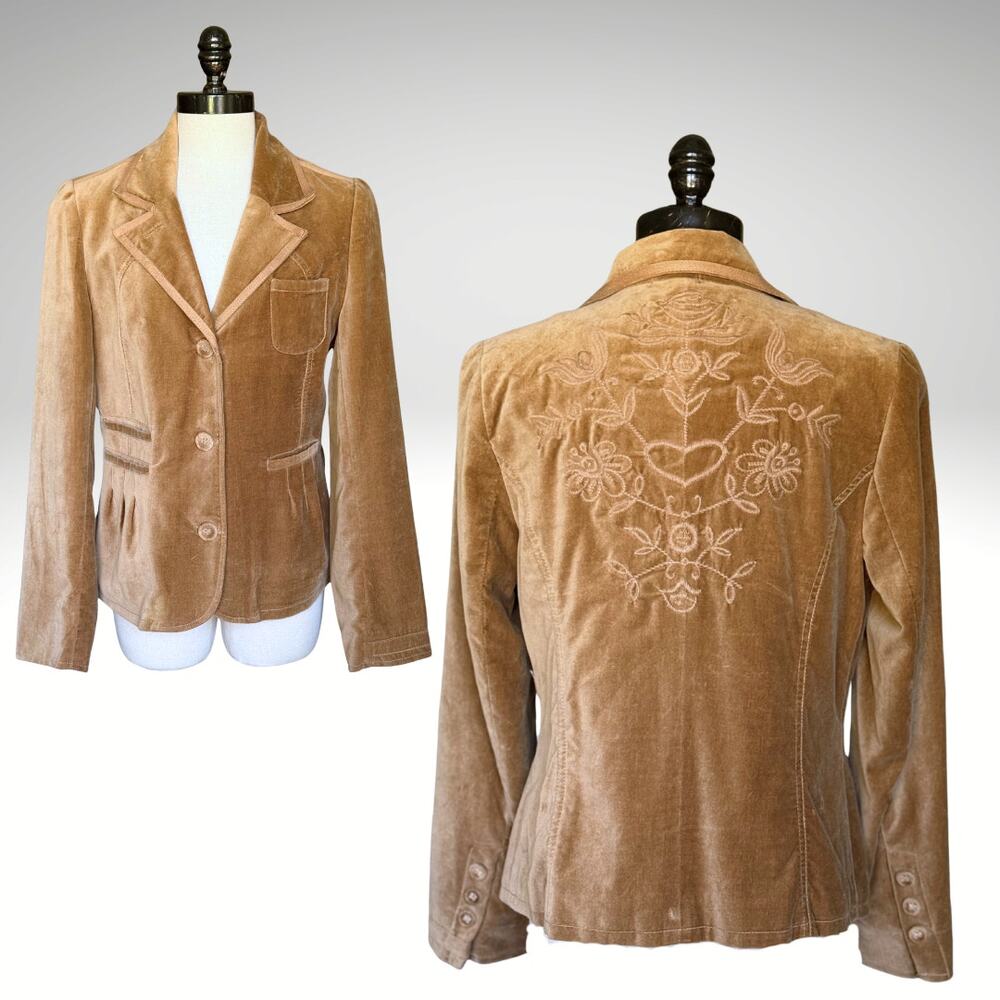 Vintage Y2k Tan Velvet Blazer Jacket Boho Rustic Luxury FreeSpirit Gypsy Hippie